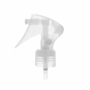 Front view of clear mini trigger sprayer for hair care products, 24mm 24-410 neck, fine mist with lockable button, 0.25 ml dosage