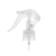 Front view of clear mini trigger sprayer, 24mm 24-410 neck, lockable button, fine mist, 0.5 ml dosage