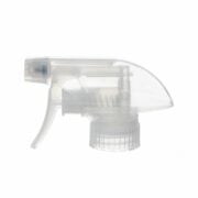 Front view of clear trigger sprayer with spray/stream nozzle, 28mm 28-400 neck, 1.1 ml output