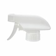Front view of white trigger sprayer with spray/stream nozzle, 28mm 28-400 neck, 1.1 ml output