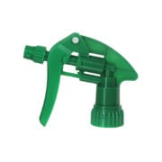 Front view of green acid resistant trigger sprayer, 28mm 28-400 neck, 1.0 ml output