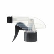 Front view of clear and black economical trigger sprayer with spray/stream nozzle, 28-410 neck, 0.6 ml output