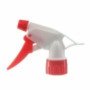 Front view of economical heavy duty trigger sprayer in white and red, 28mm 28-410 neck, 0.9 ml output