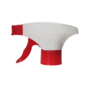 Front view of white and red economical foam trigger sprayer with flip-open metal mesh nozzle, dual-shroud design, 28-410 neck, 0.6 ml output