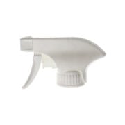 Front view of white trigger sprayer with spray/stream nozzle and extended shroud, 28-400 neck, 1.1 ml output