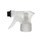 Front view of clear and white child-resistant trigger sprayer with spray-only nozzle, 28-410 neck, 0.6 ml output