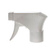 Front view of white all-plastic trigger sprayer with spray/stream nozzle, 24-410 neck, 0.9 ml output