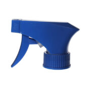 Front view of blue trigger sprayer with single-spray nozzle and short shroud, 28mm 28-400 neck, 0.9 ml output
