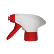 Front view of red and white PCR eco-friendly foam trigger sprayer, all-plastic construction, 28-410 neck, 1.3 ml output