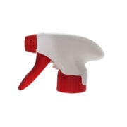 Front view of red and white PCR eco-friendly trigger sprayer with single-spray nozzle, extended shroud, all-plastic design, 28-410 neck, 1.3 ml output
