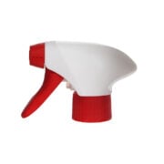 Front view of red and white PCR eco-friendly trigger sprayer with spray/stream nozzle, all-plastic construction, 28-410 neck, 1.3 ml output
