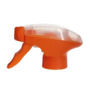 Front view of orange and clear all-plastic trigger sprayer with spray/stream nozzle and dual-shroud design, 28-410 neck, 1.2 ml output