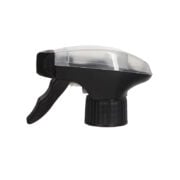 Front view of black and clear all-plastic trigger sprayer with spray/stream nozzle and dual-shroud design, 28-410 neck, 1.2 ml output