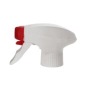 Front view of red and white child-resistant trigger sprayer with all-plastic construction, spray/stream nozzle, dual-shroud design, 28-410 neck, 1.2 ml output