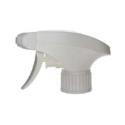 Front view of all-plastic foaming trigger sprayer with plastic mesh nozzle, white color, dual-cover design, 28-410 neck, 1.4 ml output