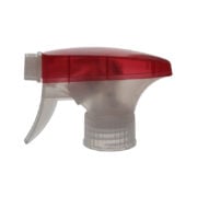 Front view of translucent red and clear general-purpose trigger sprayer with spray/stream nozzle and dual-shroud design, 28-410 neck, 0.9 ml output