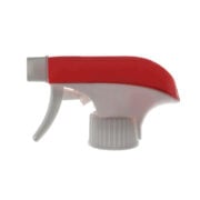 Front view of white and red trigger sprayer with single-spray nozzle and dual-shroud design, 28-410 neck, 0.9 ml output