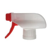 Front view of white and red ratchet closure trigger sprayer with spray-only nozzle, 28-410 neck, 1.3 ml output