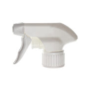 Front view of white all-plastic trigger sprayer with spray/stream nozzle, 28-410 neck, 1.2 ml output