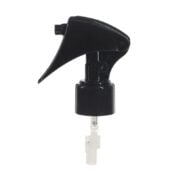 Front view of black upside down mini trigger sprayer, 24-410 neck, 360-degree fine mist spray, lockable button, 0.25 ml dosage