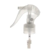Front view of clear upside down mini trigger sprayer, 24-410 neck, 360-degree fine mist spray, lockable button, 0.25 ml dosage