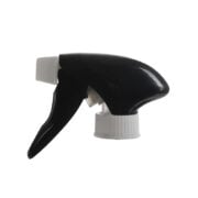 Front view of black and white all-plastic foam trigger sprayer with switchable foam/spray nozzle, 28-400 neck, 1.2 ml output