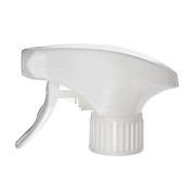Front view of white metal-free trigger sprayer with switchable spray/stream nozzle and dual-shroud design, 28-410 neck, 1.2 ml output