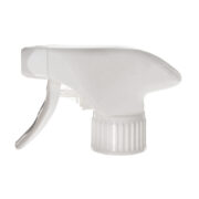 Front view of white full-plastic trigger sprayer with spray/stream nozzle, 28-410 neck, 1.2 ml output