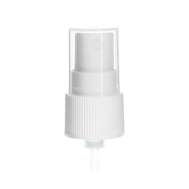 20-410 Fine Mist Sprayer- Ribbed- White- Clear PP Hood- Pump Spring Outside- 0.13ml