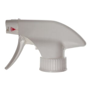 Front view of white foam trigger sprayer with flip-open triangular nozzle, 28-400 neck, 1.4 ml output