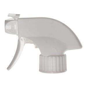 Front view of white child-resistant trigger sprayer with ratchet closure, spray/stream nozzle, 28-400 neck, 1.4 ml output