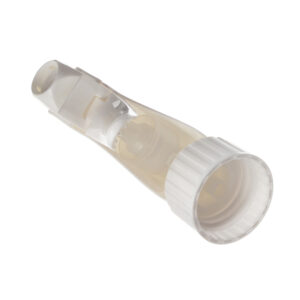 Bottom view of white child-resistant trigger sprayer with ratchet closure, spray/stream nozzle, 28-400 neck, 1.4 ml output
