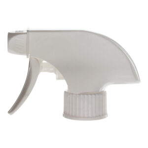 Front view of white ratchet closure trigger sprayer with spray-only nozzle, 28mm 28-410 neck, 1.4 ml output