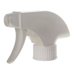 45-degree angled view of white spray-only trigger sprayer with ratchet closure and ergonomic trigger design, 28-410 neck, 1.4 ml dosage