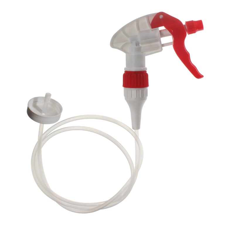 Front view of white and red remote trigger sprayer with 36-inch hose and 38mm cap for gallon jugs, extended reach design, 1.3 ml output