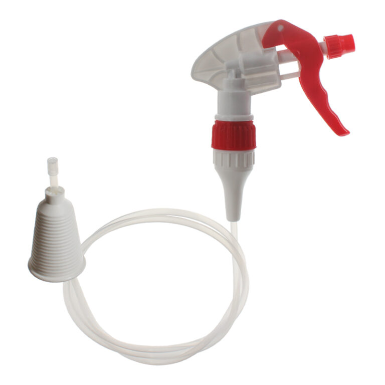 Front view of white and red hose end trigger sprayer with 38mm flexible plug for gallon jugs and gardening use, 36-inch hose, 1.3 ml output