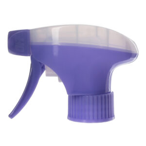 Front view of purple and clear all-plastic trigger sprayer with spray-only nozzle and dual-shroud design, 28-410 neck, 1.2 ml output