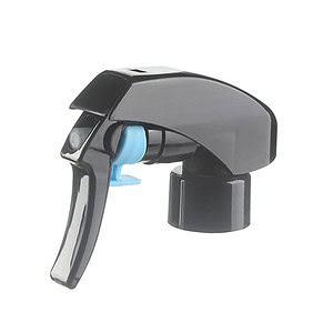 45-degree angled view of black fine mist trigger sprayer showing lockable button and nozzle, 28-410 neck, 0.3 ml dosage