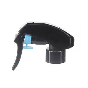 Front view of black fine mist trigger sprayer with lockable button, 28mm 28-410 neck, 0.3 ml output