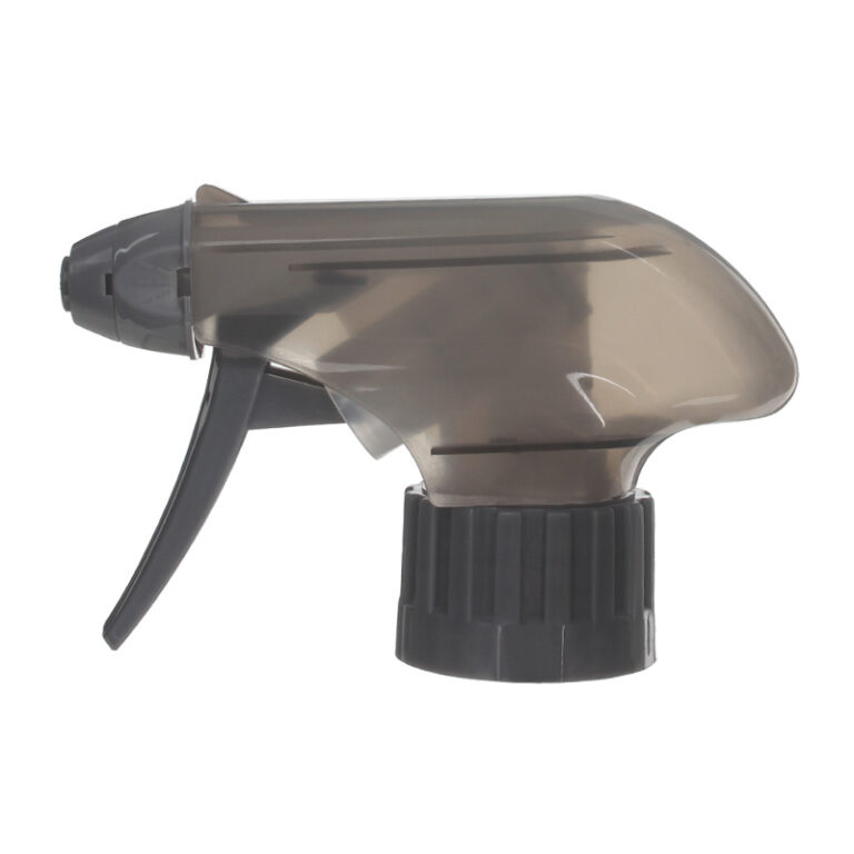 Front view of translucent black child-resistant foam trigger sprayer, 28mm 28/410 neck, 0.9 ml output
